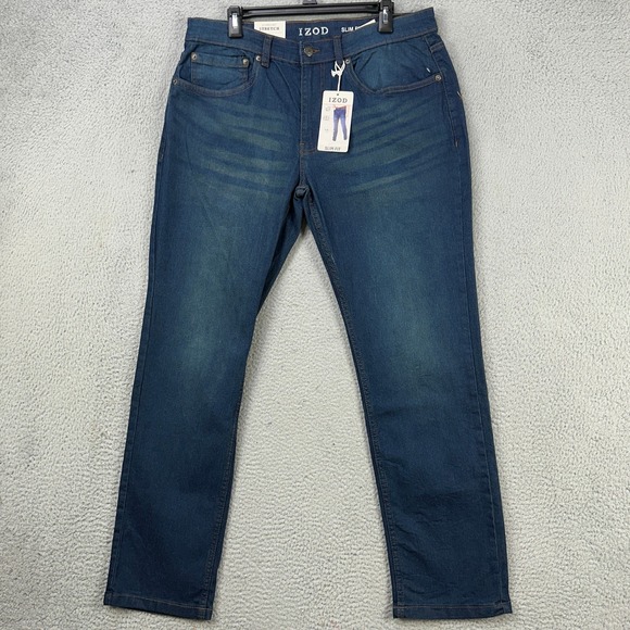 Izod Sport Flex Mens Slim Jeans 36X32 Blue Whisking Performance Stretch Tech NEW